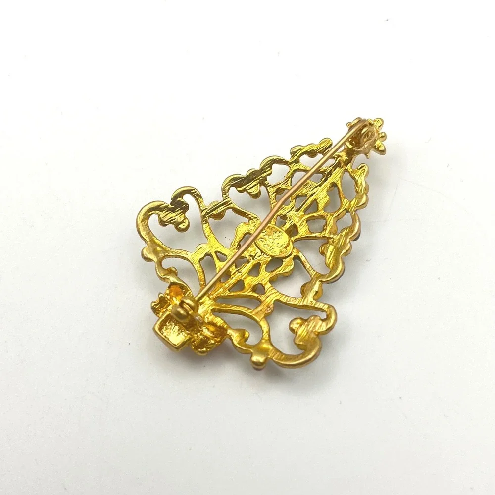 Christopher Radko Christmas Tree Brooch Gold Tone Green Glitter Rhinestone Pin - Picture 4 of 5